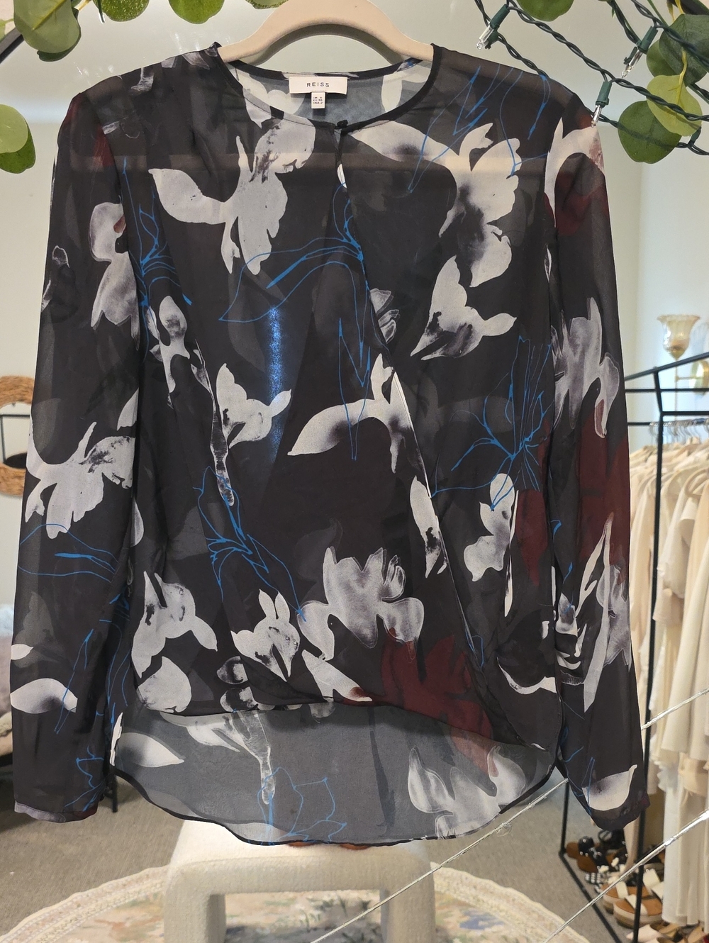 Reiss Black Sheer Floral-Print Blouse with Blue Accents